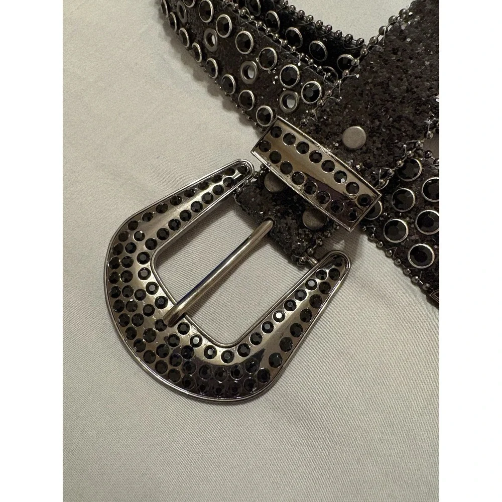Black Silver Studded Rhinestone Bling Women's Belt with Metallic Buckle